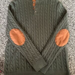 Green Cable Knit Sweater with Brown Elbow Patches